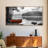 Misty Lake, Orange Boat, Forest Reflections, Foggy Calm – Canvas Print, Nature Wall Art, Fall Cabin Decor, Cozy Landscape Photography