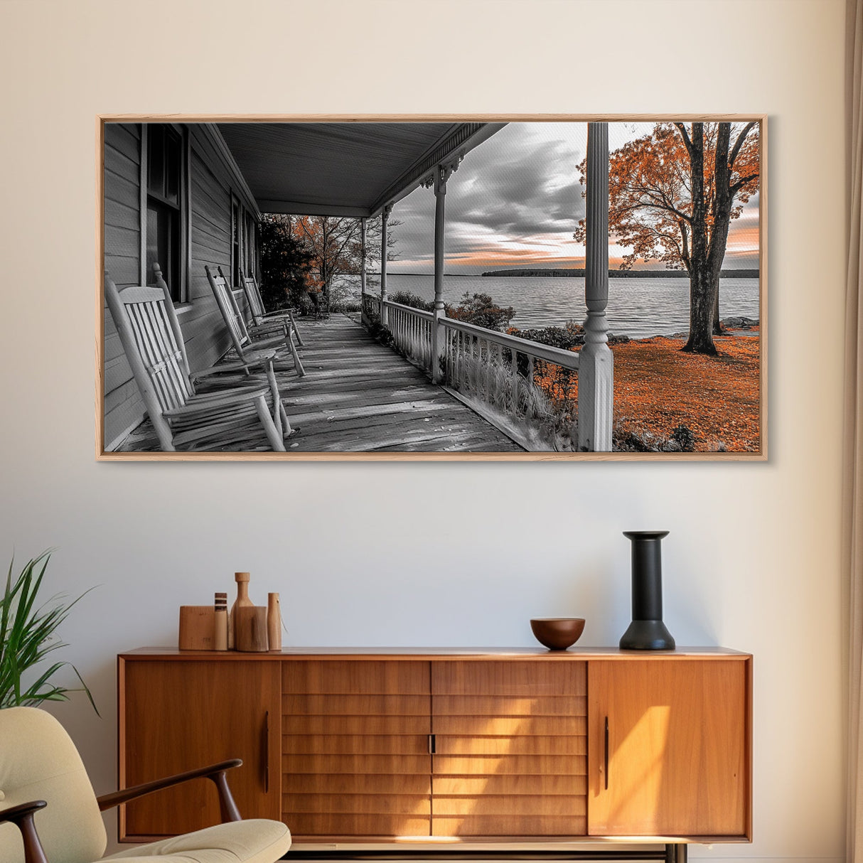 Lake Porch, Autumn Trees, Rocking Chairs, Sunset Serenity – Canvas Print, Fall Wall Art, Country Home Decor, Rustic Americana Landscape
