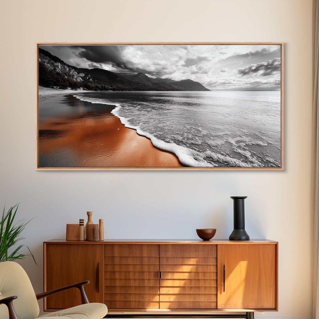 Sunset Shore, Moody Coastline, Crimson Reflections, Stormy Skies – Framed Canvas Print, Beach Wall Art, Coastal Living Room Decor