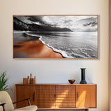 Sunset Shore, Moody Coastline, Crimson Reflections, Stormy Skies – Framed Canvas Print, Beach Wall Art, Coastal Living Room Decor