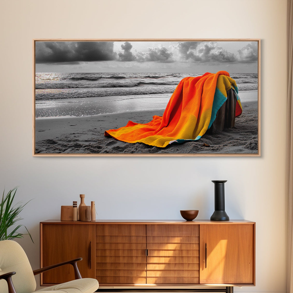 Towel Beach, Ocean Breeze, Coastal Comfort, Relaxing Seascape, Framed Canvas Print, Bathroom Wall Art, Bold Colors, Summer Vibes