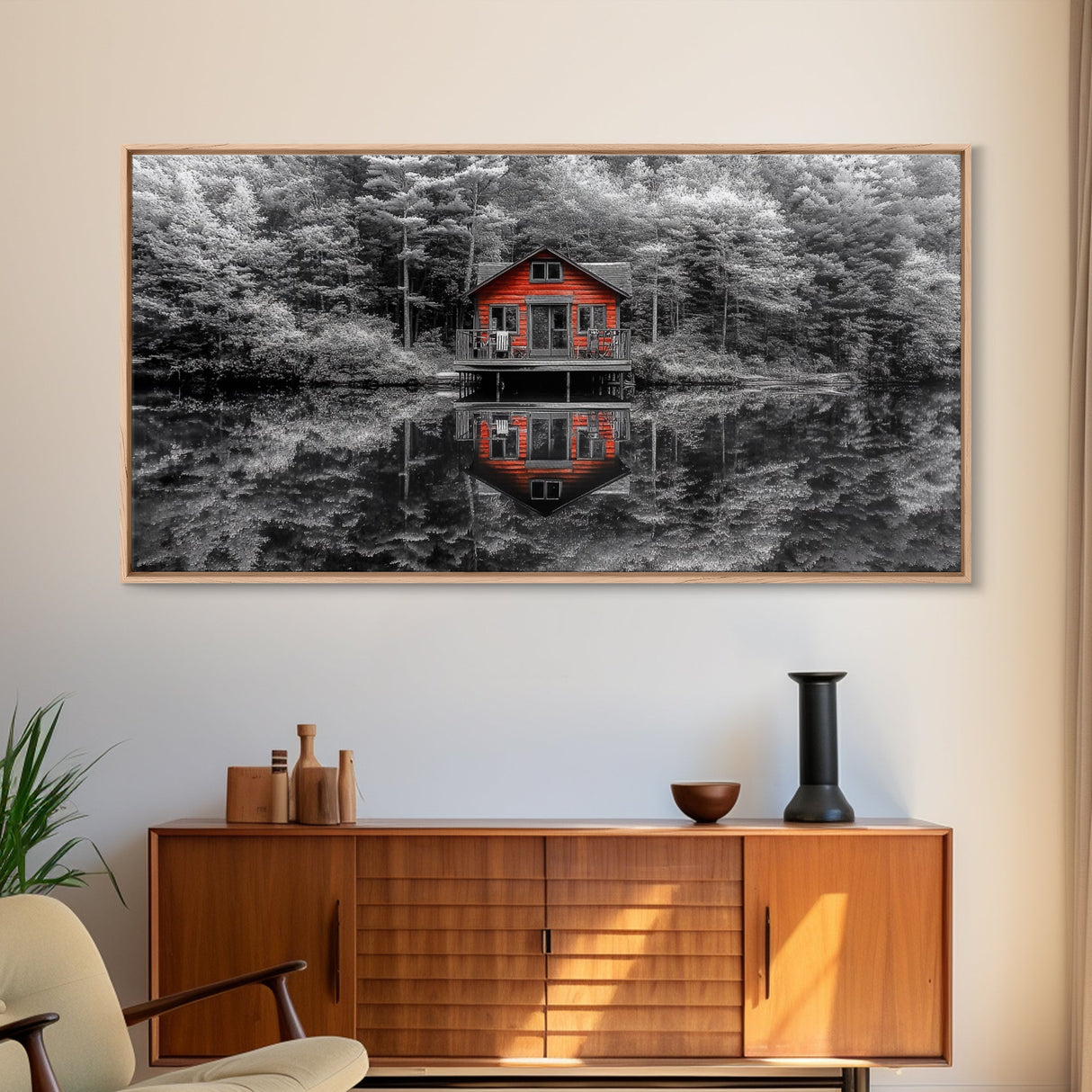 Red Cabin, Lake Reflection, Autumn Escape, Forest Retreat, Framed Canvas Print, Rustic Wall Art, Cabin Decor, Fall Living Room Artwork