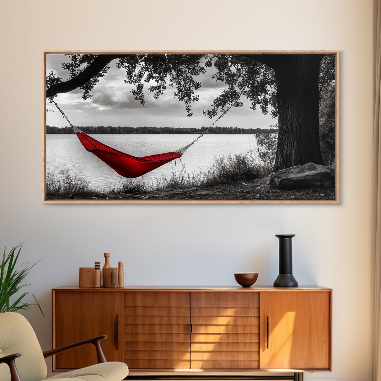 Red Hammock, Lakeside View, Tranquil Nature, Tree Shade, Framed Canvas Print, Boho Wall Art, Bedroom Decor, Relaxing Forest Landscape