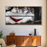 Red Hammock, Lakeside View, Tranquil Nature, Tree Shade, Framed Canvas Print, Boho Wall Art, Bedroom Decor, Relaxing Forest Landscape