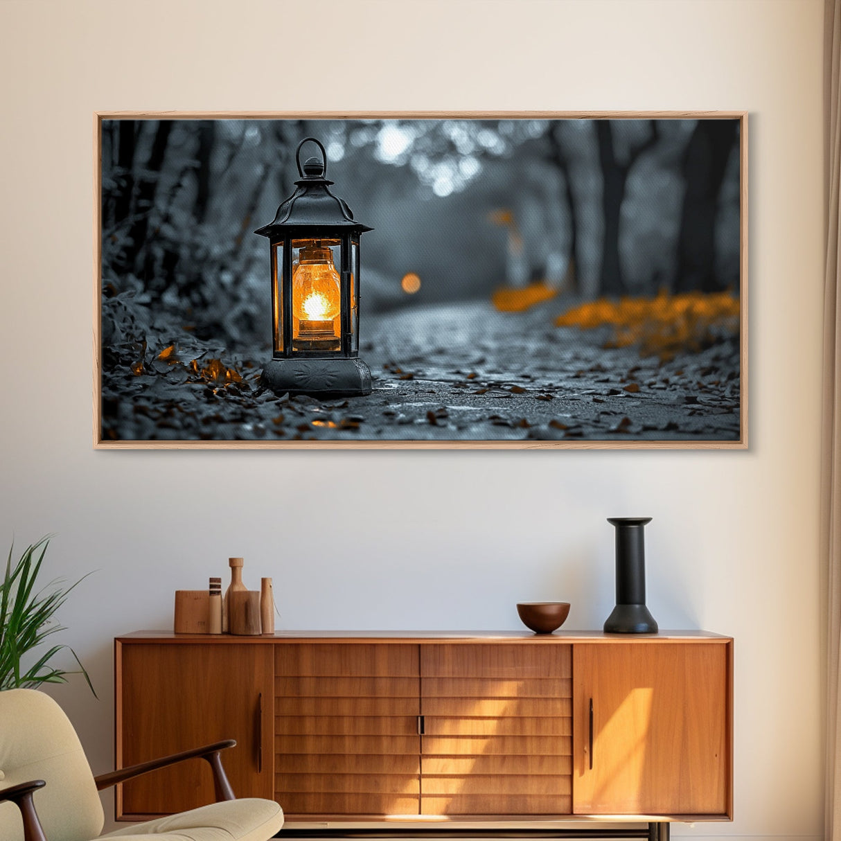 Lantern Glow, Forest Trail, Autumn Leaves, Soft Light, Framed Canvas Print, Fall Wall Art, Rustic Entryway Decor, Nature Photography Print