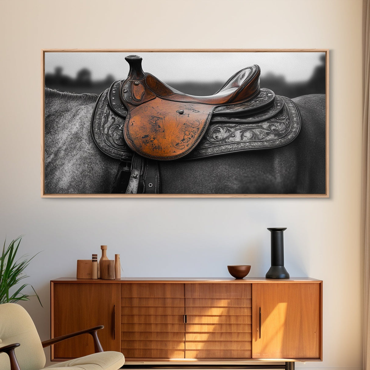 Western Saddle, Leather Detail, Horseback Art, Rustic Charm, Framed Canvas Print, Cowboy Wall Art, Farmhouse Decor, Equestrian Living Room