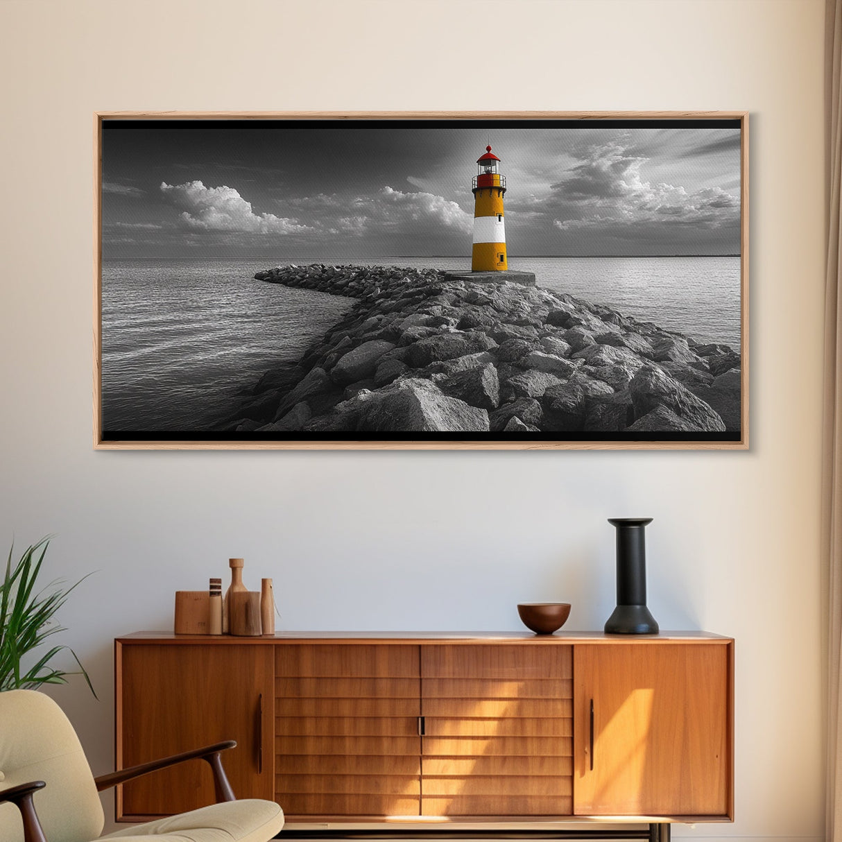 Yellow Lighthouse, Stone Jetty, Coastal Clouds, Nautical Scene, Framed Canvas Print, Coastal Wall Art, Office Decor, Lighthouse Photography