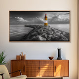 Yellow Lighthouse, Stone Jetty, Coastal Clouds, Nautical Scene, Framed Canvas Print, Coastal Wall Art, Office Decor, Lighthouse Photography