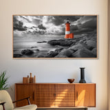 Red Lighthouse, Stormy Sea, Rocky Shore, Moody Coastal, Framed Canvas Print, Nautical Wall Art, Dramatic Bathroom Decor, Ocean Vibes