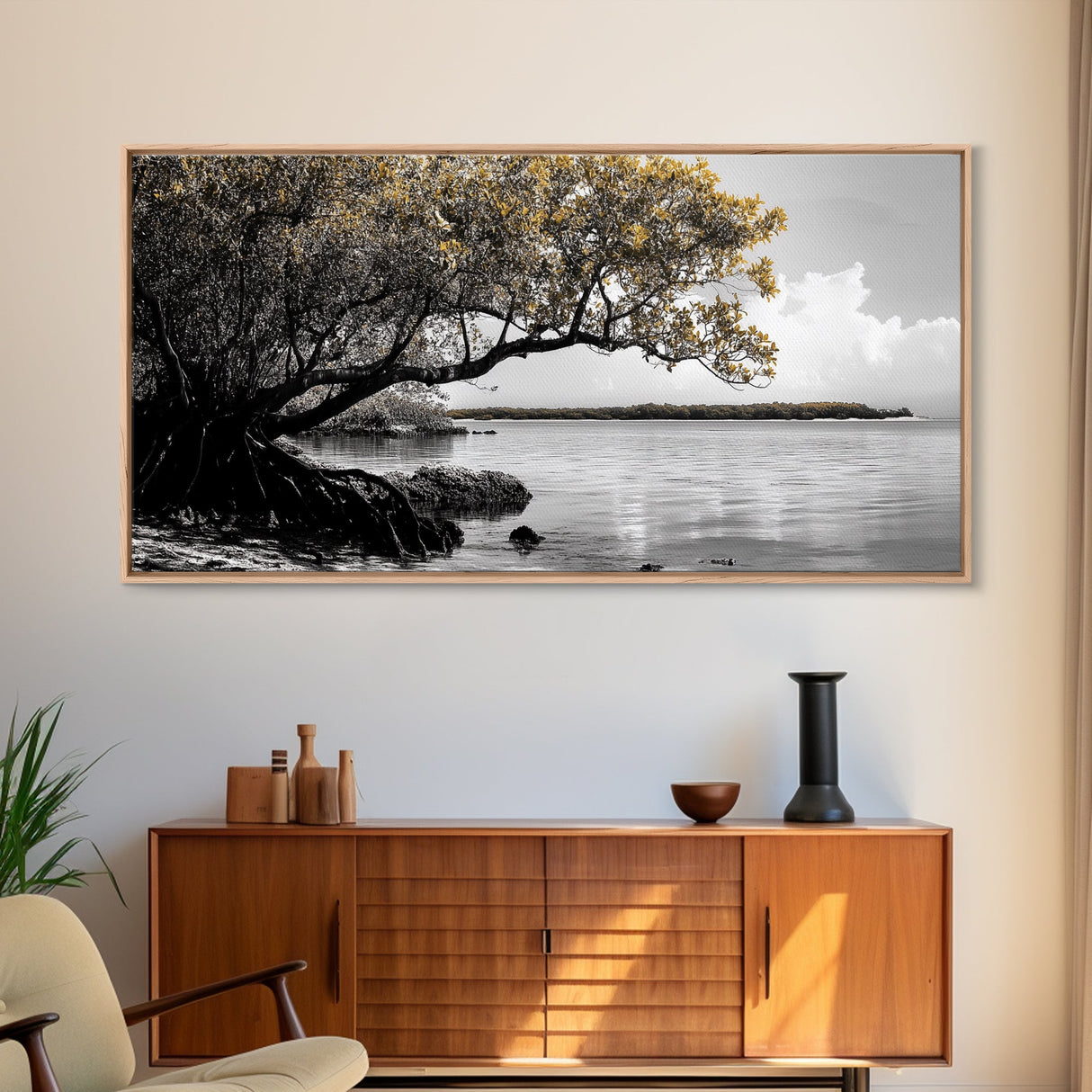 Mangrove Tree, Coastal Roots, Golden Leaves, Ocean View, Framed Canvas Print, Beach House Art, Nature Wall Decor, Minimal Coastal Vibe