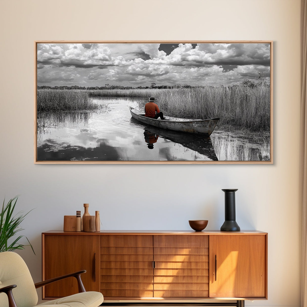 Solitary Canoe, Peaceful Waters, Cloudy Sky, Red Shirt, Framed Canvas Print, Nature Explorer Gift, Cabin Wall Art, Rustic Fall Scene