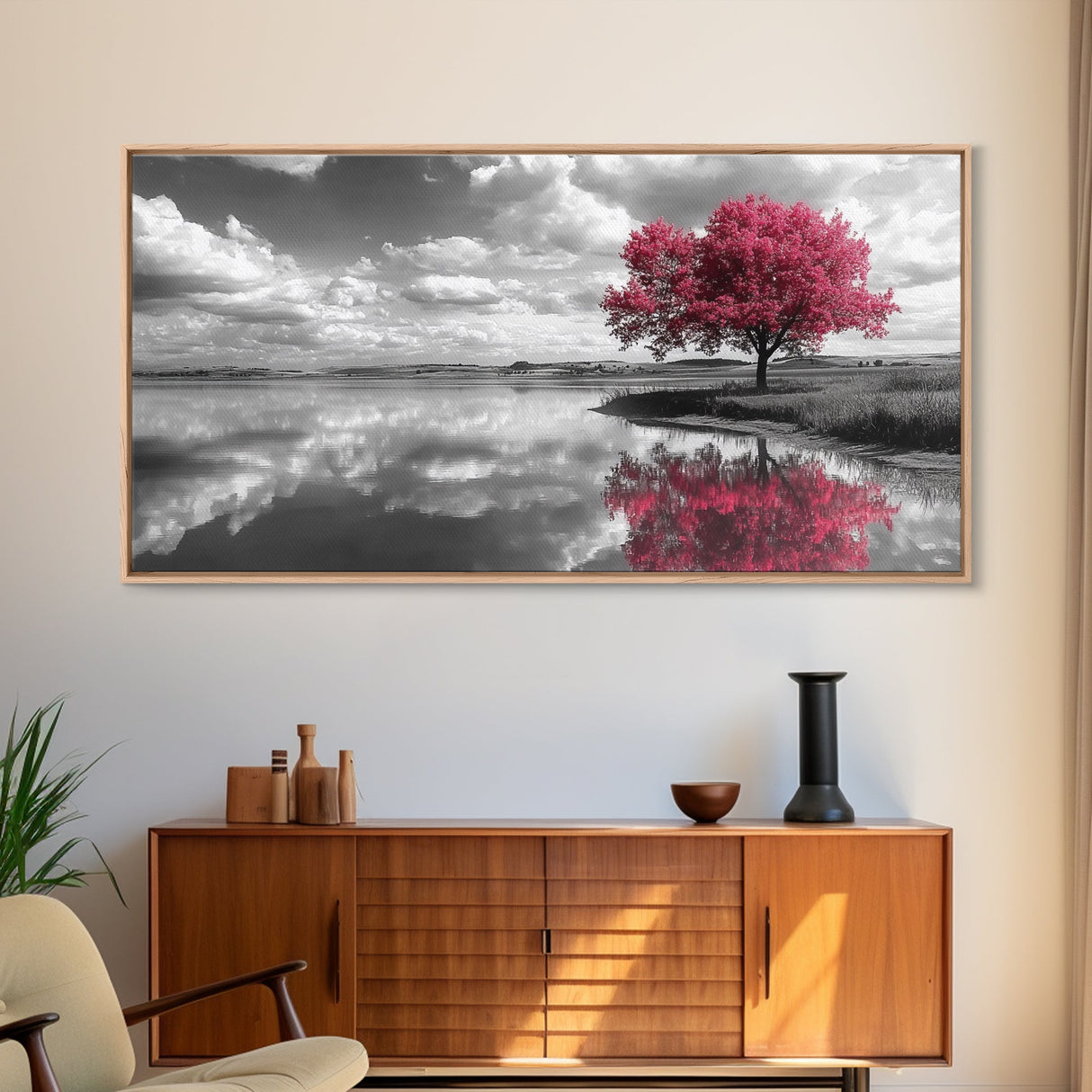Pink Tree Reflections, Minimal Nature Art, Monochrome Landscape Canvas Print, Tranquil Bedroom or Living Room Wall Decor