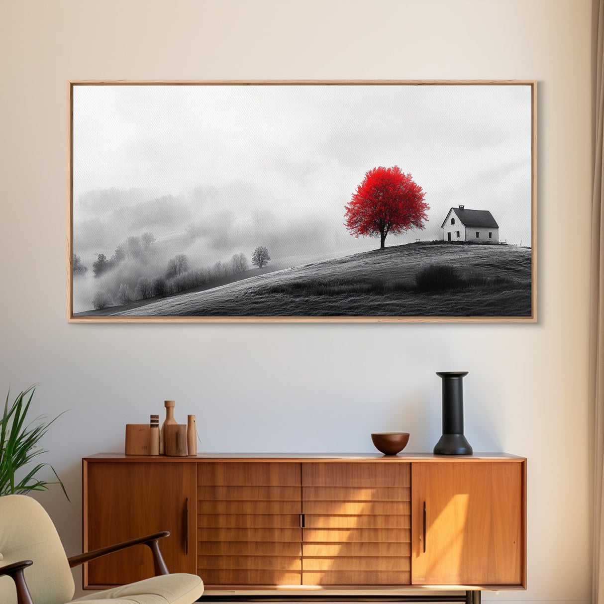 Red Tree Hilltop, Serene Winter Landscape, Peaceful Country Decor, Misty Morning Wall Art, Framed Canvas Print, Minimalist Bedroom Art