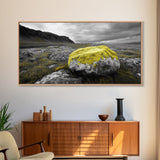 Yellow Moss Rock, Moody Nature Photography, Icelandic Landscape Art, Wilderness Inspired Canvas Print, Rustic Cabin Wall Decor