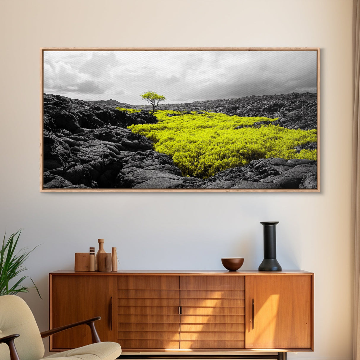 Lone Tree Lava, Surreal Earth Tones Decor, Abstract Volcanic Art, Black and Yellow Landscape, Canvas Print, Boho Living Room Accent