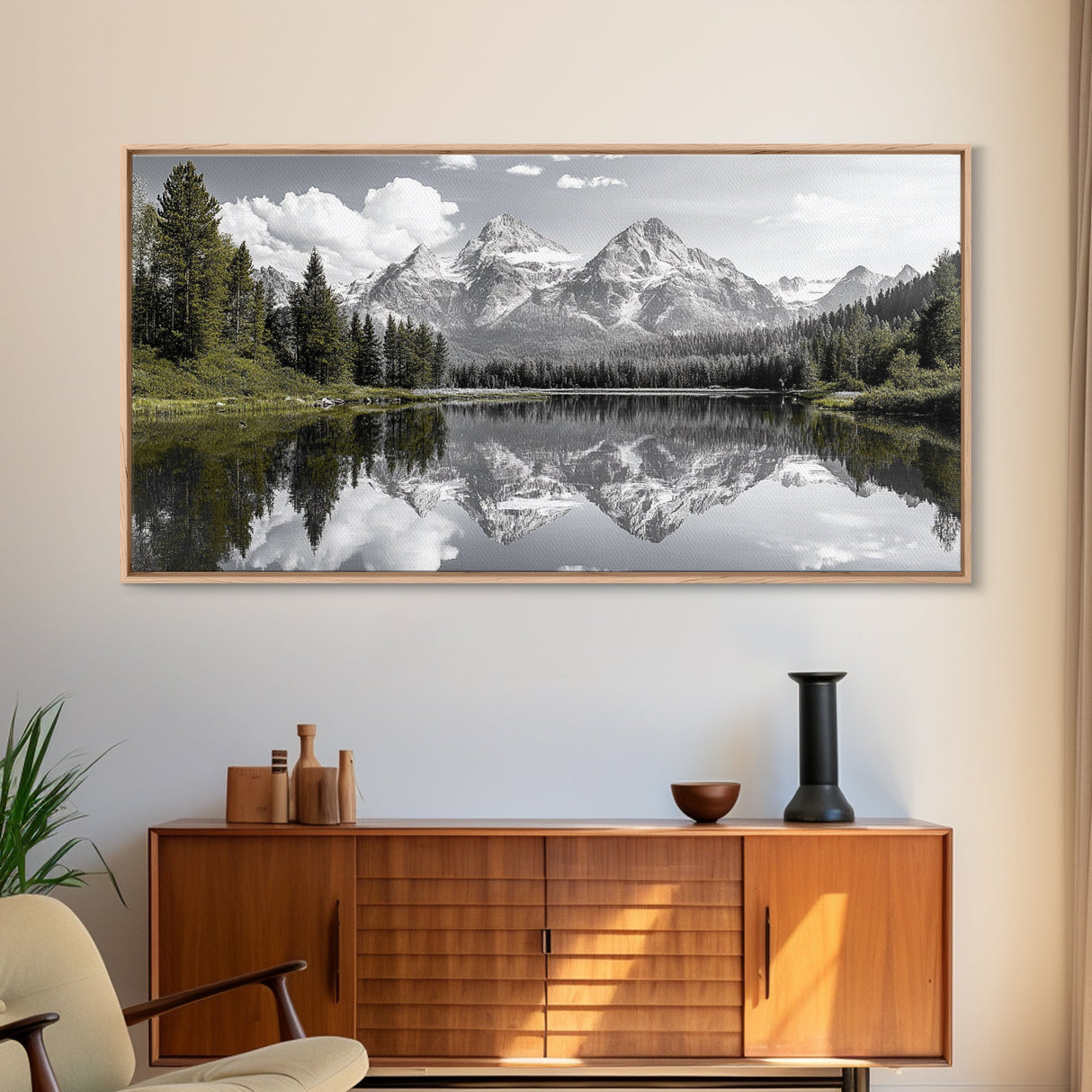 Serene Lake, Snowy Peaks, Forest Reflection, Canvas Print, Nature Photography, Modern Living Room Art, Black White Green Decor