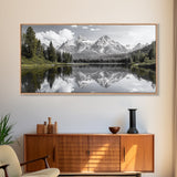 Serene Lake, Snowy Peaks, Forest Reflection, Canvas Print, Nature Photography, Modern Living Room Art, Black White Green Decor