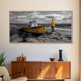 Yellow Boat, Lonely Man, Moody Shore, Framed Canvas Print, Coastal Wall Art, Nautical Decor, Masculine Home Office Style