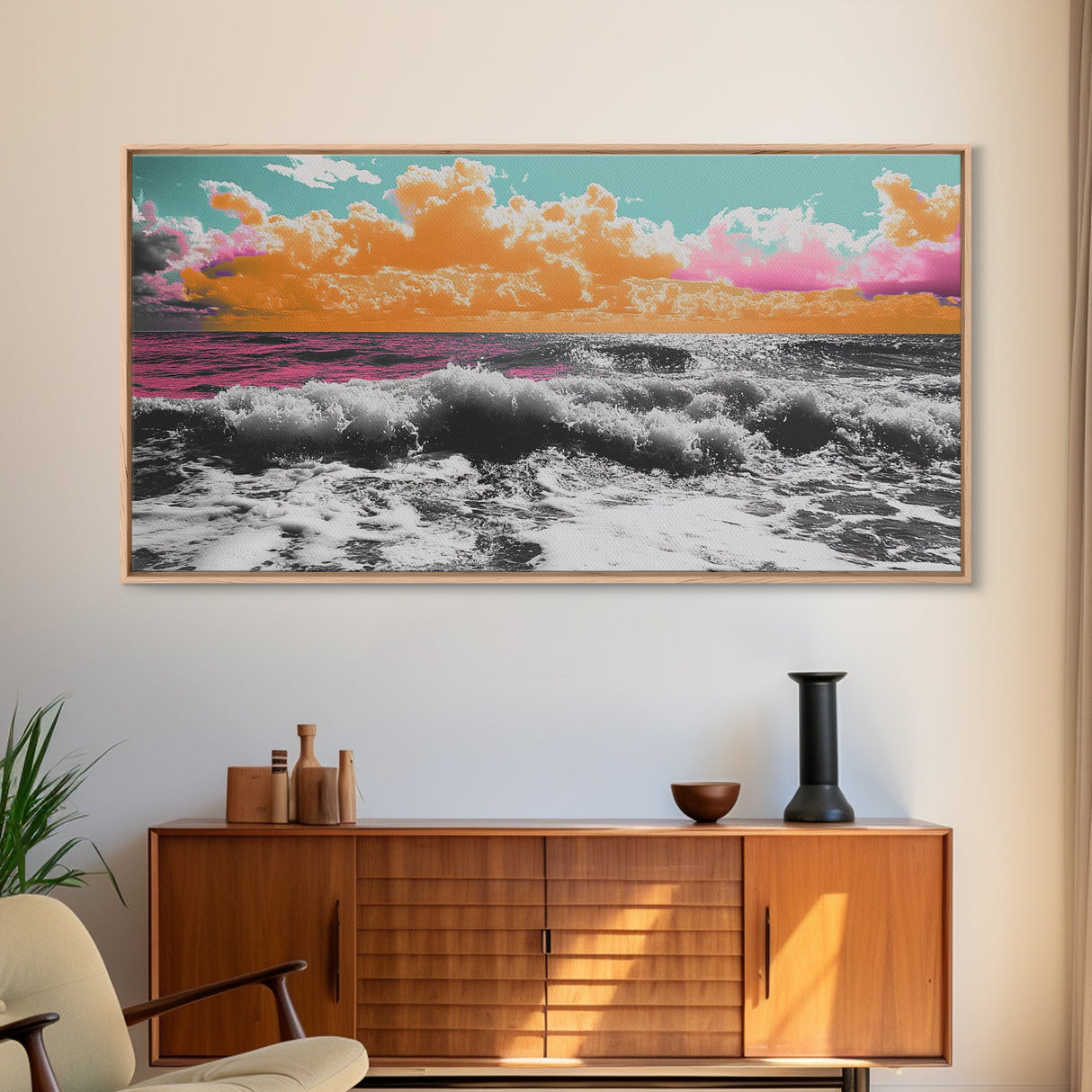 Vibrant Ocean, Sunset Sky, Colorful Waves, Canvas Print, Surreal Coastal Wall Art, Bathroom Decor, Modern Beach Aesthetic