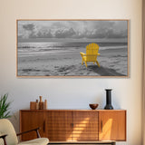Yellow Chair, Tranquil Beach, Ocean Horizon, Canvas Print, Minimalist Beach Wall Art, Guest Room Decor, Calm Coastal Scene