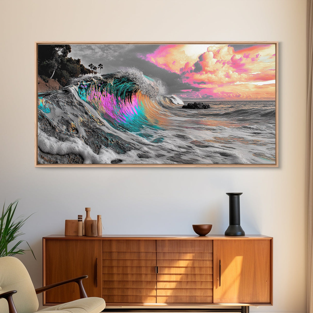 Neon Wave, Tropical Sunset, Bold Ocean Art, Framed Canvas Print, Color Pop Wall Decor, Surfer Room Style, Coastal Vibe Art
