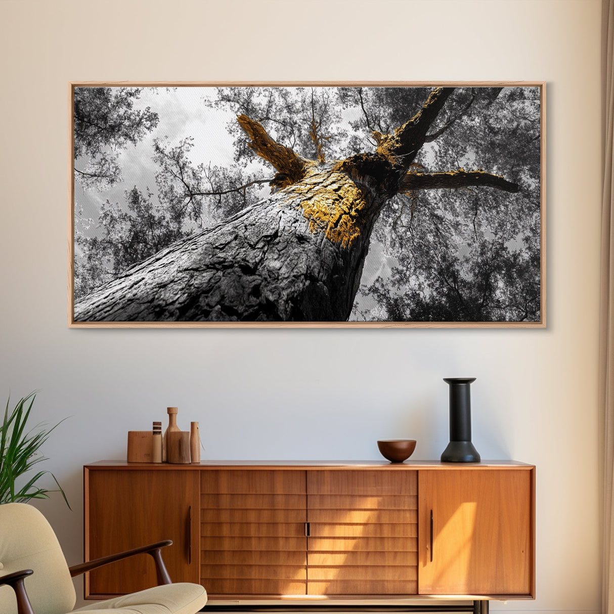 Golden Tree, Nature Upward, Woodland Strength, Forest Energy, Framed Canvas Print, Autumn Wall Art, Minimalist Tree Decor, Nature Print