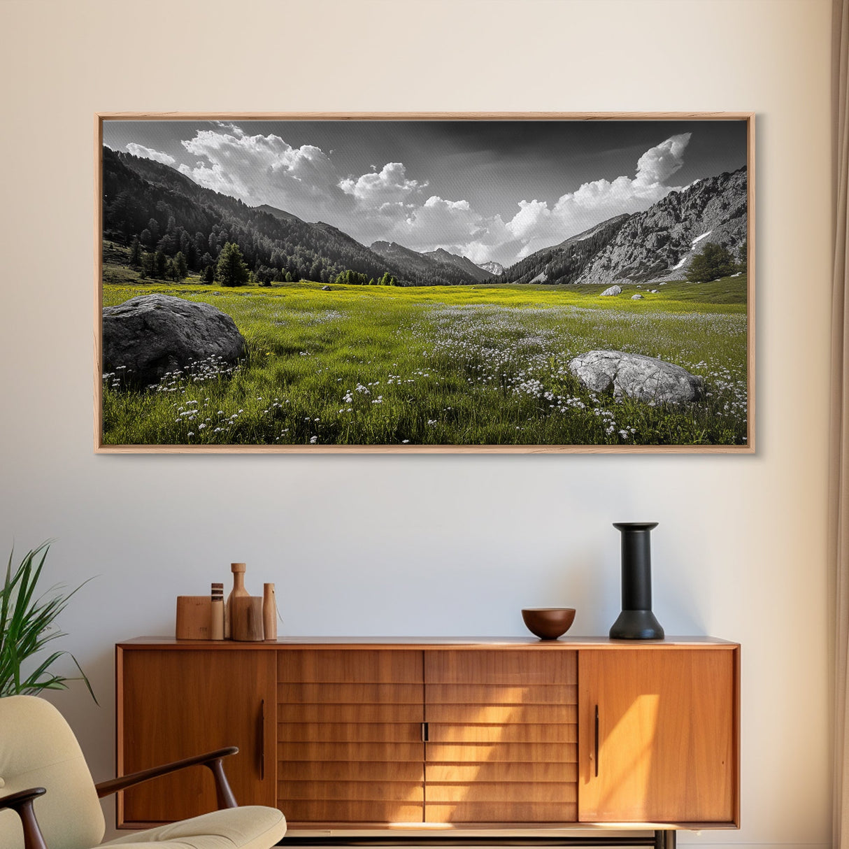 Mountain Meadow, Alpine Landscape, Nature Photography, Wildflower Field, Framed Canvas Print, Bedroom Wall Art, Summer Vibes, Scenic Escape