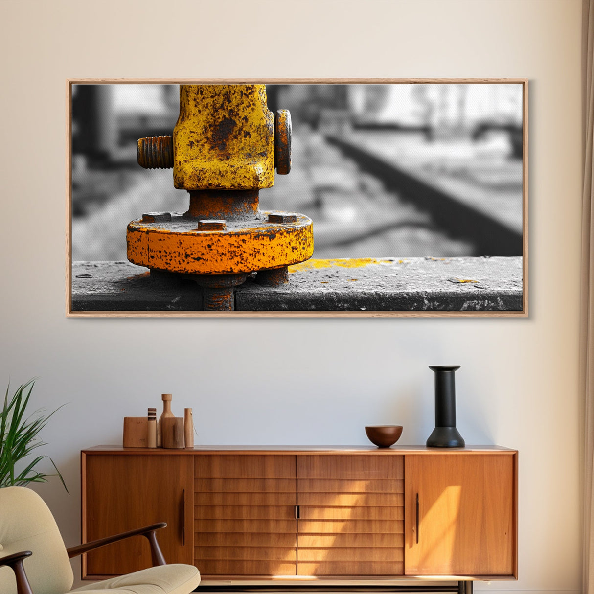 Industrial Bolt Closeup, Yellow Metal, Grunge Texture, Modern Industrial Art, Framed Canvas Print, Garage Wall Decor, Urban Loft Style