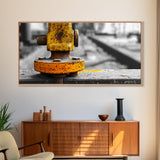 Industrial Bolt Closeup, Yellow Metal, Grunge Texture, Modern Industrial Art, Framed Canvas Print, Garage Wall Decor, Urban Loft Style