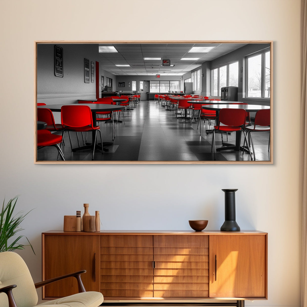 Red Chairs, Modern Cafeteria, Retro Seating, Pop Color Dining, Canvas Print, Kitchen Wall Art, Urban Minimalism, Bold Office Decor