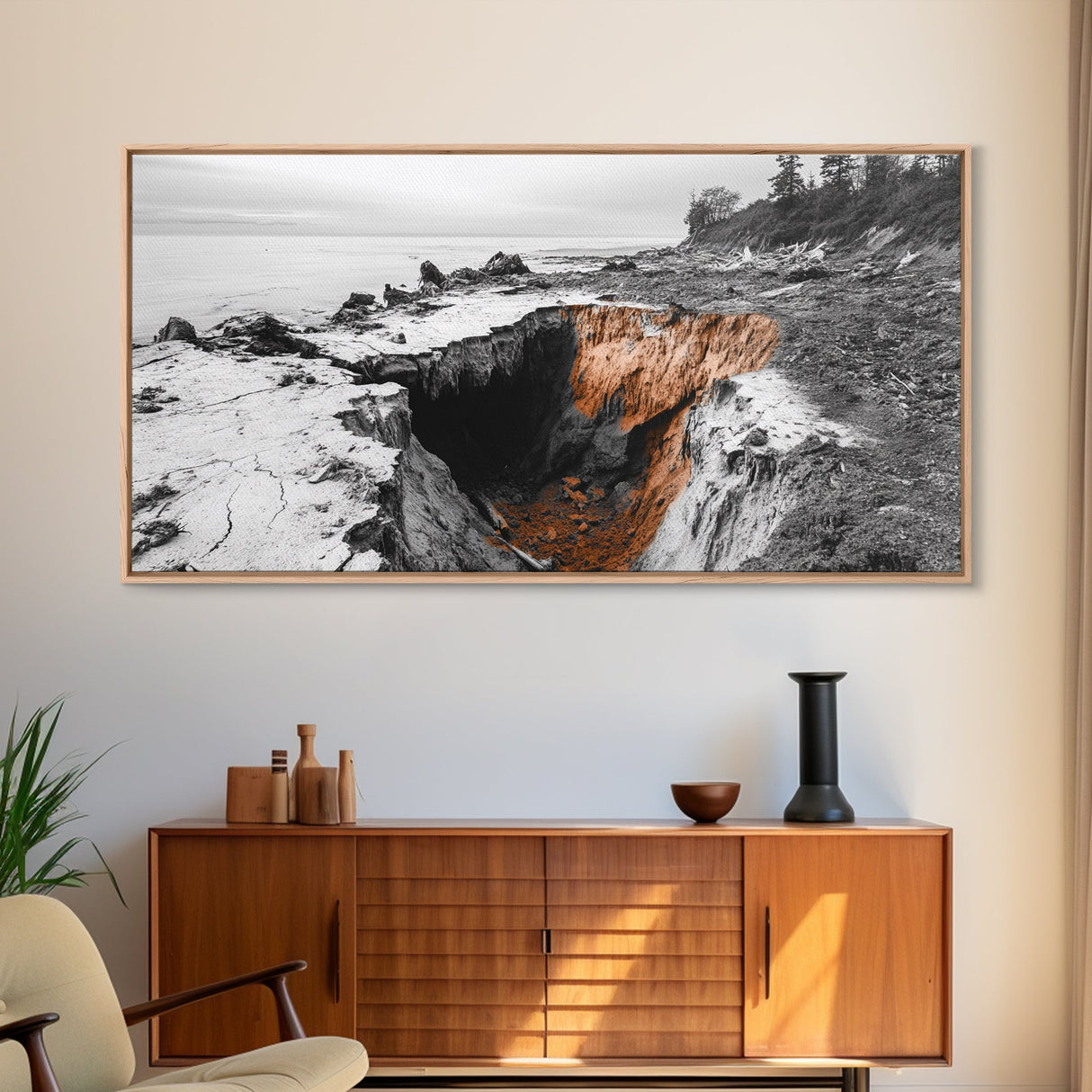 Coastal Cliff, Erosion Edge, Rugged Shoreline, Ocean Mystery, Framed Canvas Print, Modern Nature Wall Art, Earthy Office Decor, Beach Mood