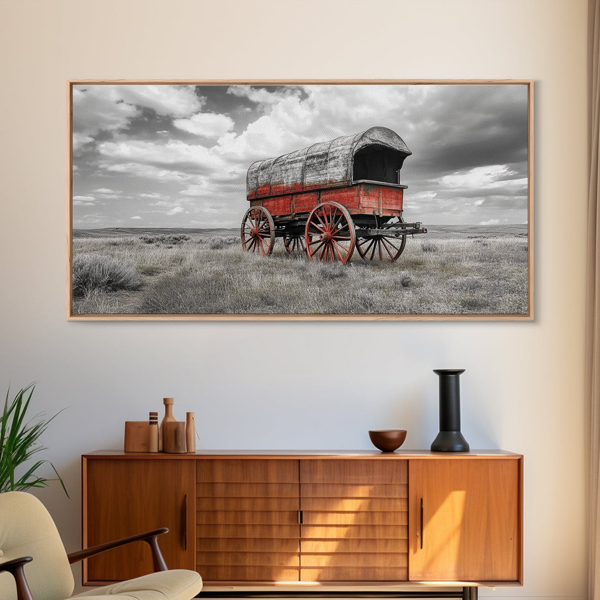 Prairie Red Wagon, Old West Scene, Framed Canvas Print, Rustic Wall Decor, Western Style Art, Living Room Accent, Cowboy Nostalgia