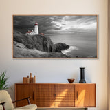 Lighthouse Ocean Storm, Coastal Cliff Light, Framed Canvas Print, Nautical Wall Art, Beach House Decor, Dramatic Sky Scene, Office Art