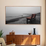 Red Bench Fog, Moody Coastal Morning, Framed Canvas Print, Minimalist Beach Wall Art, Modern Entryway Decor, Black and White Vibes