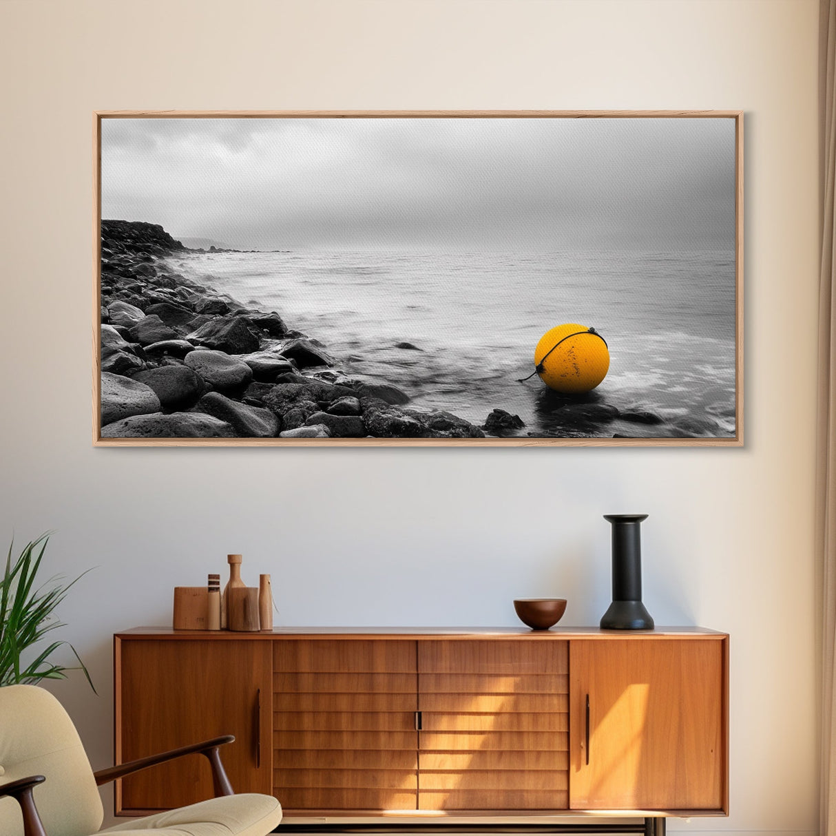 Yellow Buoy, Ocean Minimalism, Coastal Calm, Seaside Solitude, Canvas Print beach house wall decor, black and white modern art