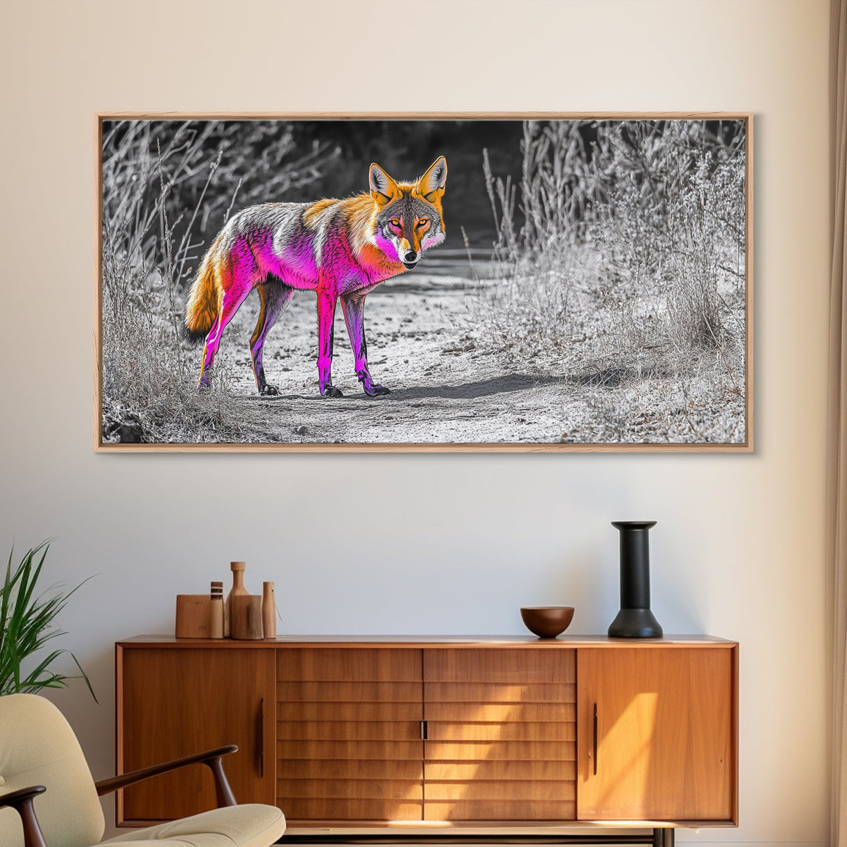 Neon Fox Portrait, Vibrant Wildlife Path Scene, Bright Nature Animal, Framed Canvas Print, Bedroom Wall Art, Psychedelic Animal Style