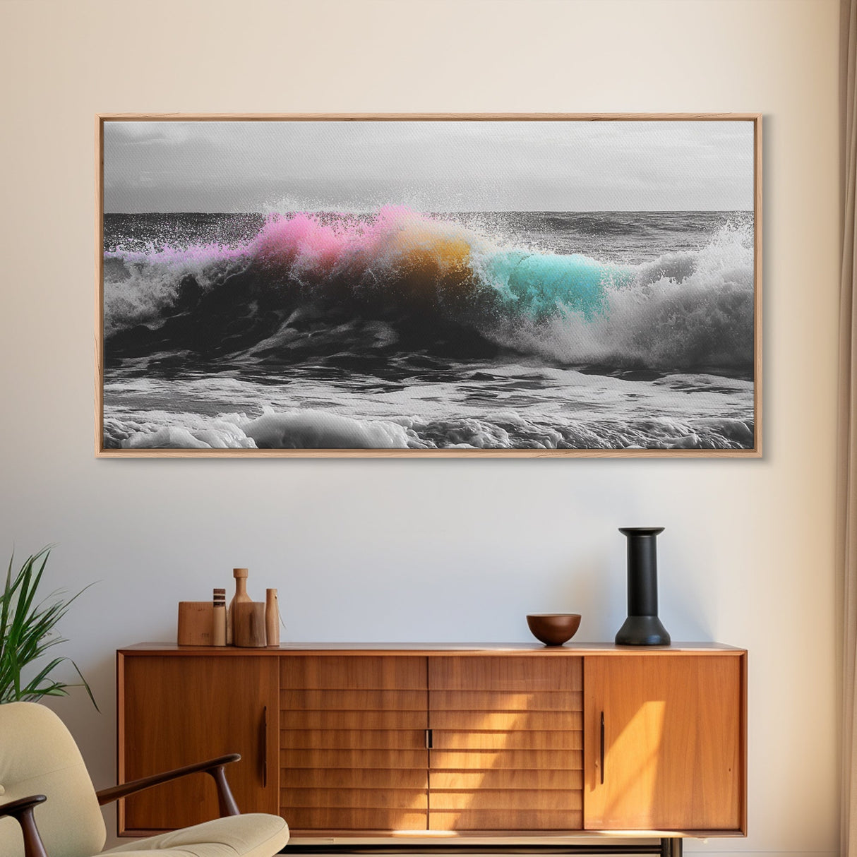 Rainbow Ocean Wave, Vibrant Sea Spray Art, Color Explosion Surf, Framed Canvas Print, Bathroom Wall Art, Coastal Modern Abstract