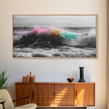 Rainbow Ocean Wave, Vibrant Sea Spray Art, Color Explosion Surf, Framed Canvas Print, Bathroom Wall Art, Coastal Modern Abstract