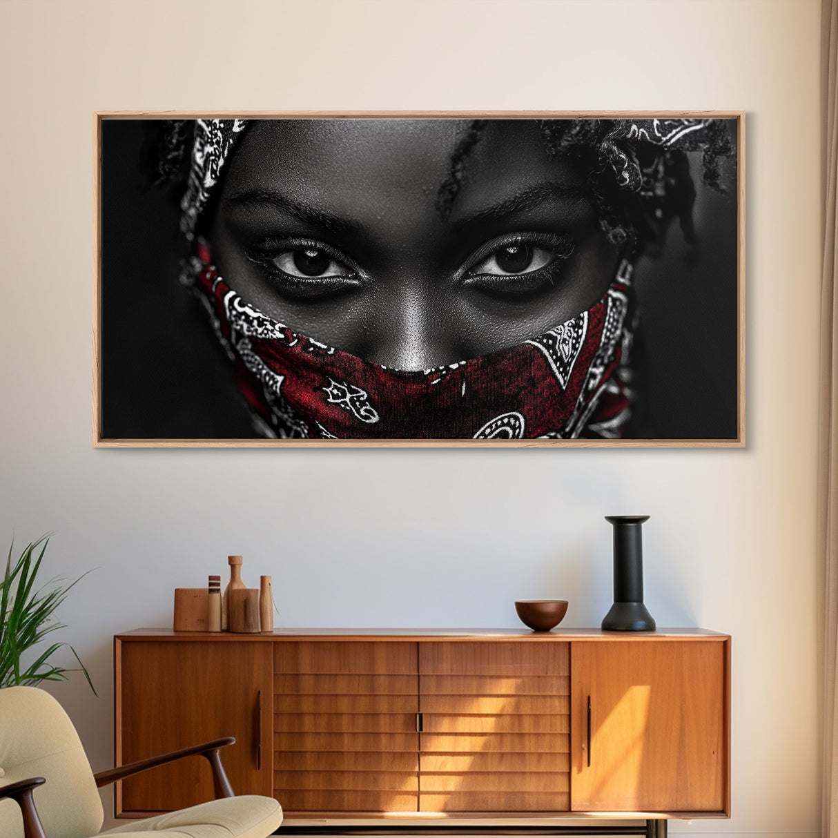 Fierce Eyes, Red Bandana, Bold Portrait, Afro Art, Framed Canvas Print, Bedroom Wall Art, Powerful Gaze, Monochrome With Red Accent