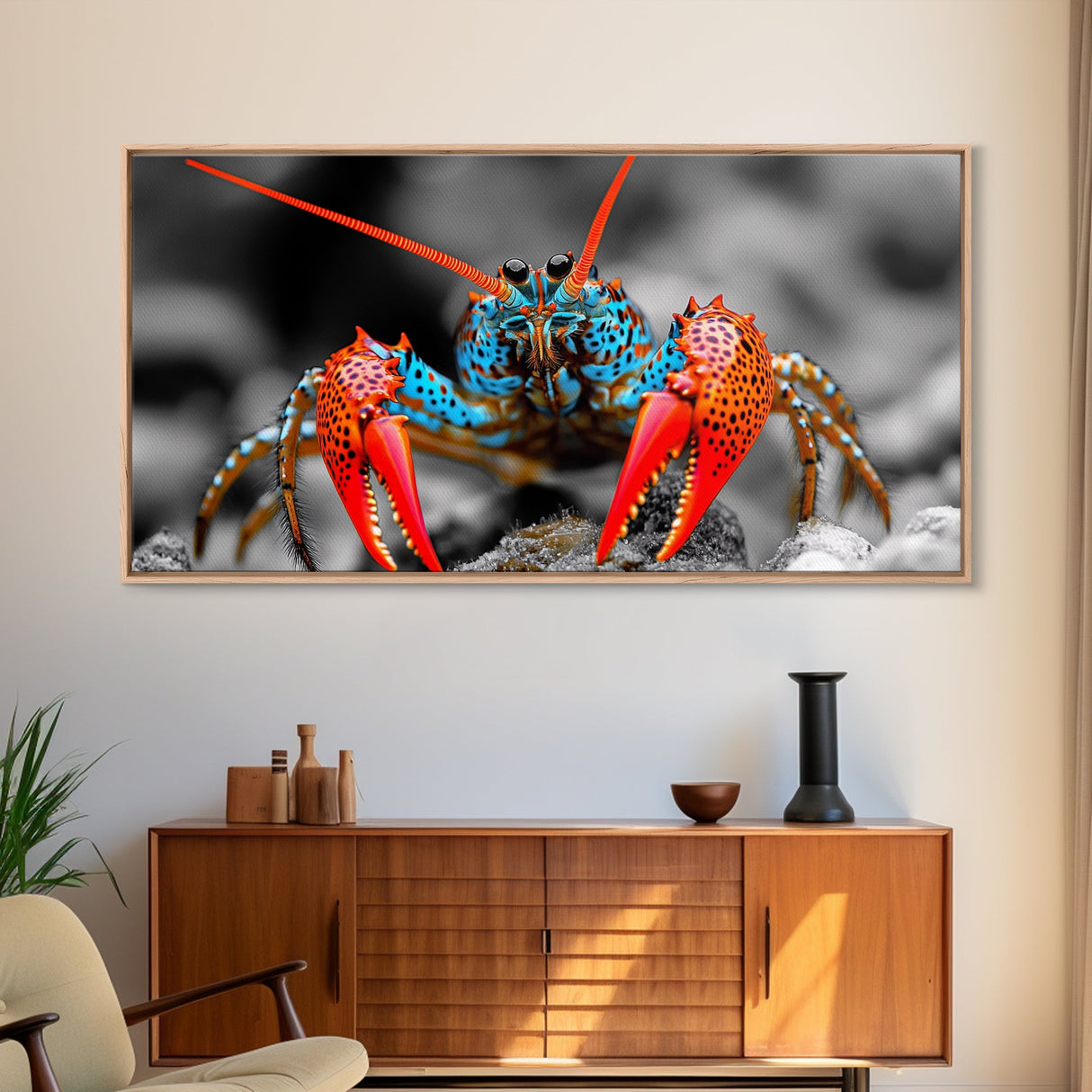 Vibrant Lobster, Red Blue, Sea Creature, Framed Canvas Print, Coastal Kitchen Wall Art, Ocean Wildlife, Nautical Bathroom Decor, Pop Art