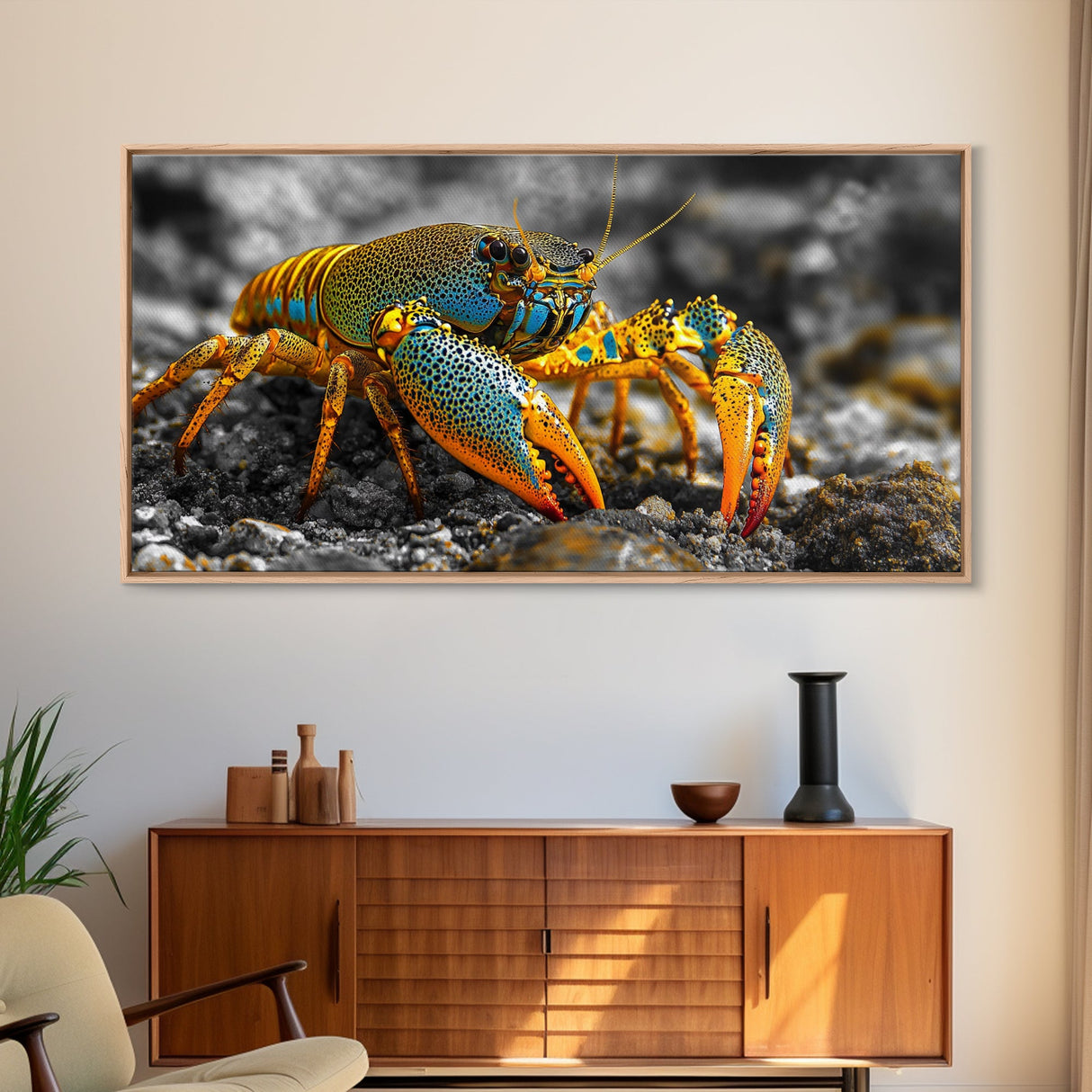 Rainbow Lobster, Bold Colors, Exotic Crustacean, Canvas Print, Underwater Art, Coastal Living Room Wall Art, Boho Ocean Creature Decor