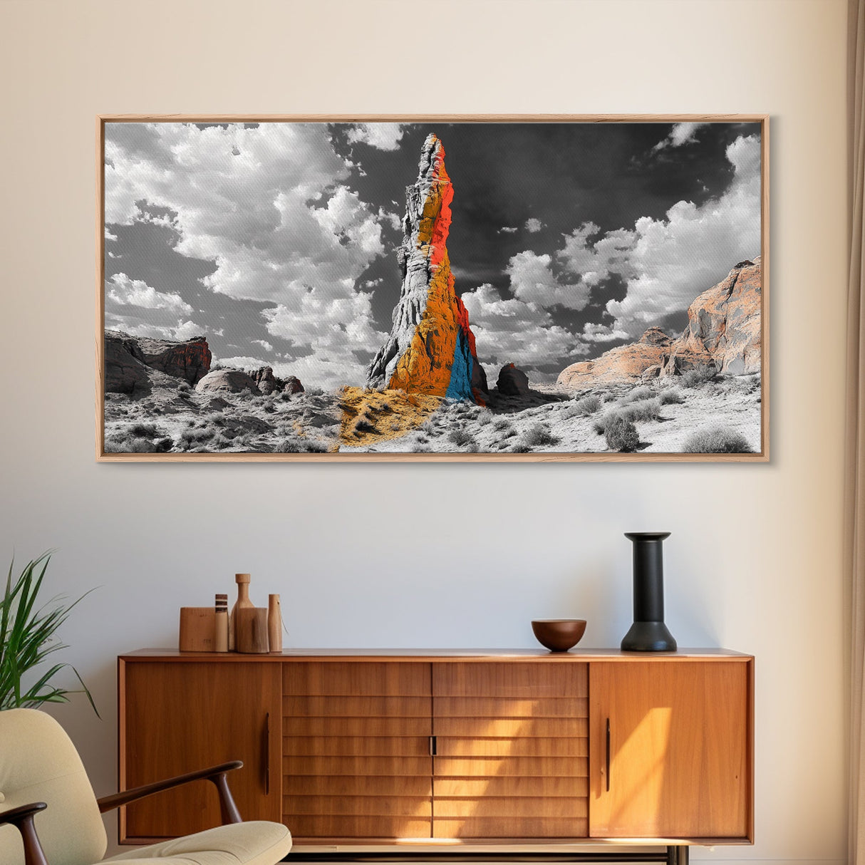 Color Rock Spire, Dramatic Sky, Desert Tower, Framed Canvas Print, Surreal Landscape Art, Southwest Decor, Living Room Adventure Vibe