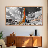 Color Rock Spire, Dramatic Sky, Desert Tower, Framed Canvas Print, Surreal Landscape Art, Southwest Decor, Living Room Adventure Vibe