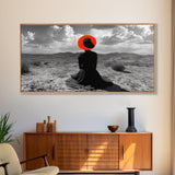 Red Hat Woman, Surreal Desert, Fashion Silhouette, Framed Canvas Print, Minimalist Wall Art, Bold Modern Decor, Bedroom Gallery Style
