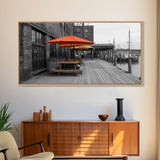Urban Pier, Red Yellow Umbrellas, Waterfront Dining, Framed Canvas Print, Industrial Decor, Cafe Kitchen Wall Art, Cityscape Photography