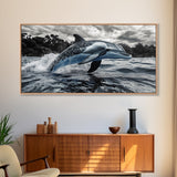 Jumping Dolphin, Ocean Splash, Monochrome Water, Framed Canvas Print, Coastal Wall Art, Bathroom Nautical Decor, Marine Life Photography