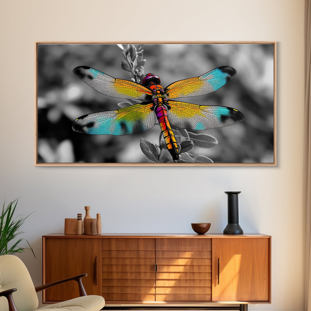 Rainbow Dragonfly, Nature Close-Up, Bold Insect Art, Canvas Print, Boho Wall Art, Botanical Decor, Vibrant Bedroom Accent Piece