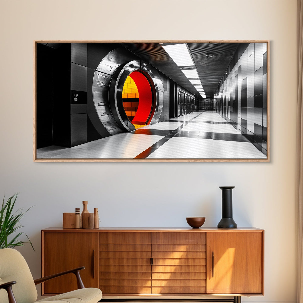 Vault Door, Futuristic Hallway, Urban Industrial Art, Sci Fi Decor, Framed Canvas Print, Office Wall Art, Red Orange Interior Glow