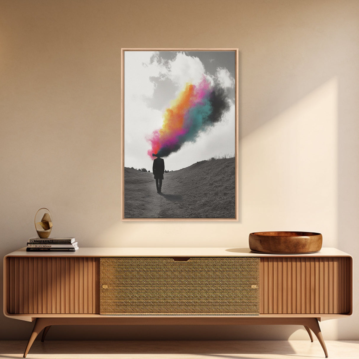 Colorful Mind, Surreal Silhouette, Abstract Smoke Art, Framed Canvas Print, Office Wall Art, Conceptual Psychedelic Art Decor