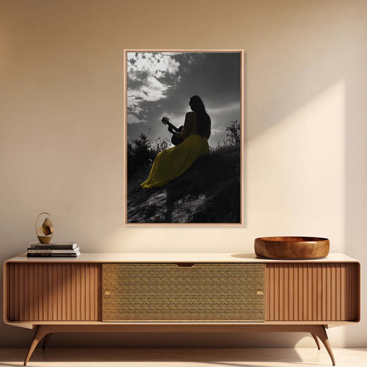 Yellow Dress, Guitar Girl, Sunset Silhouette Scene, Framed Canvas Print, Boho Music Lover Wall Art, Bedroom Fall Vibes Decor